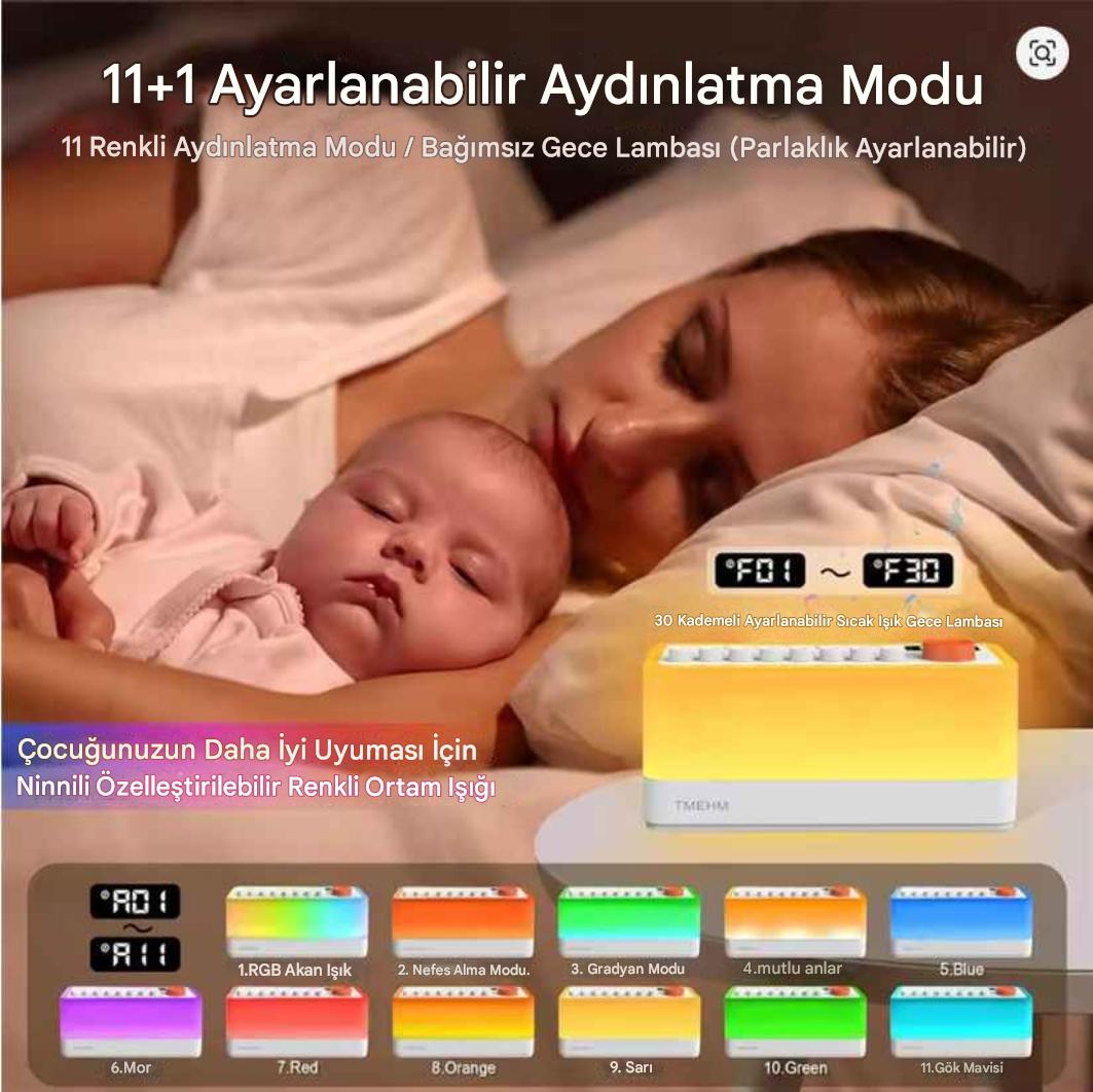 8 Doğa Sesli Beyaz Gürültü Uyku Sesi Makinesi,7 Renk Gece Işıkları